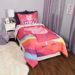 Budget 🔥 Peppa Pig 4 Piece Twin Bedding Set With Reversible Comforter, Fitted Sheet, Flat Sheet And Pillowcase By Nemcor 😍